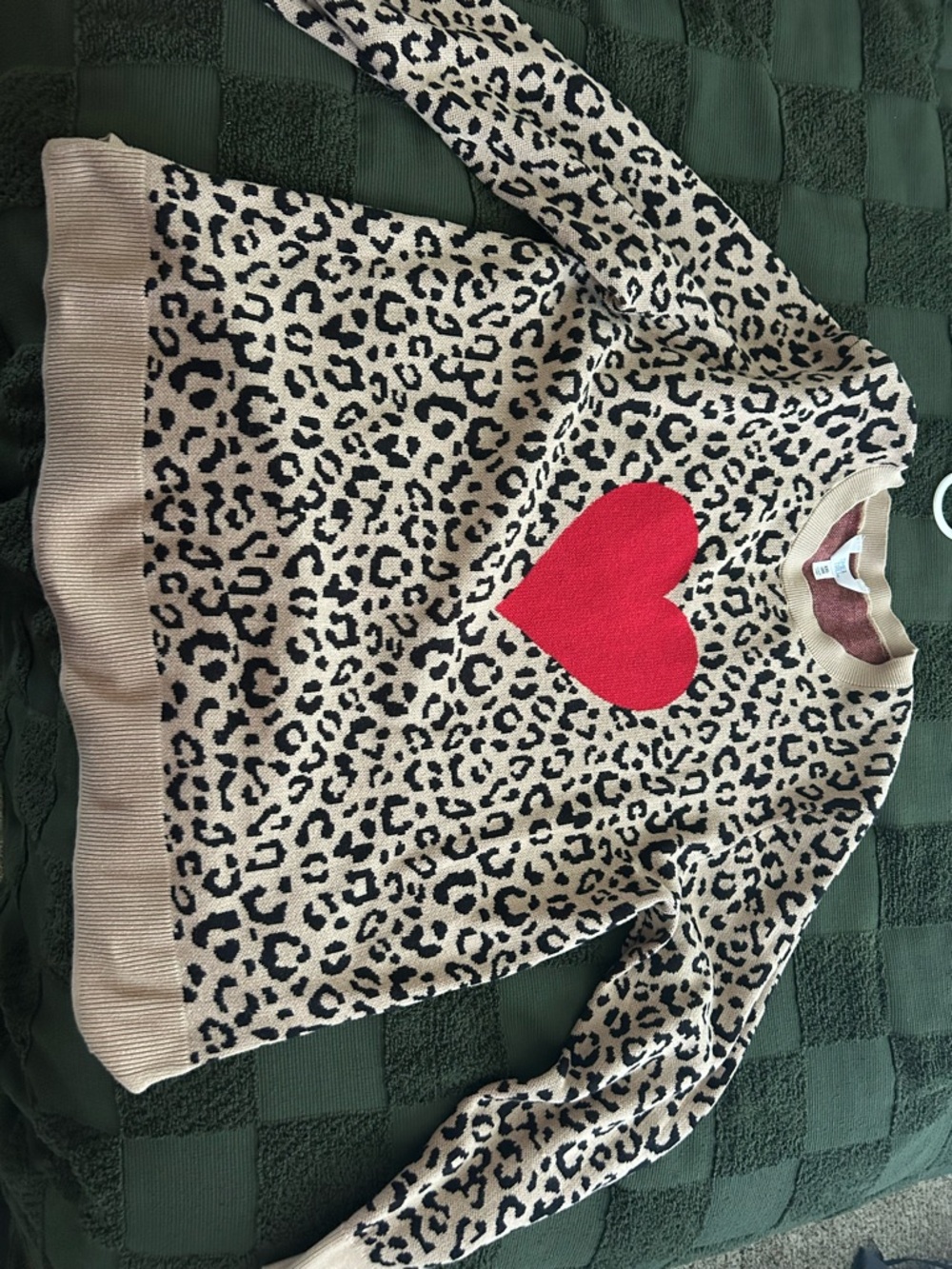 Women’s Leopard Print Sweater with Red Heart - Beige/Black